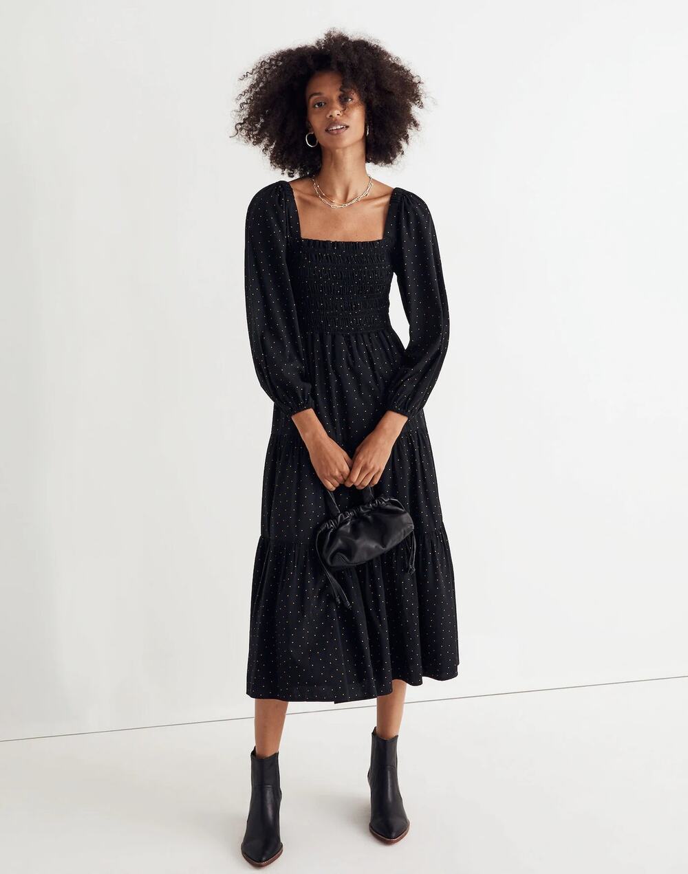 Madewell Lucie Black Tiered Long Sleeve Smocked Dotted Nap Midi Dress Size Small